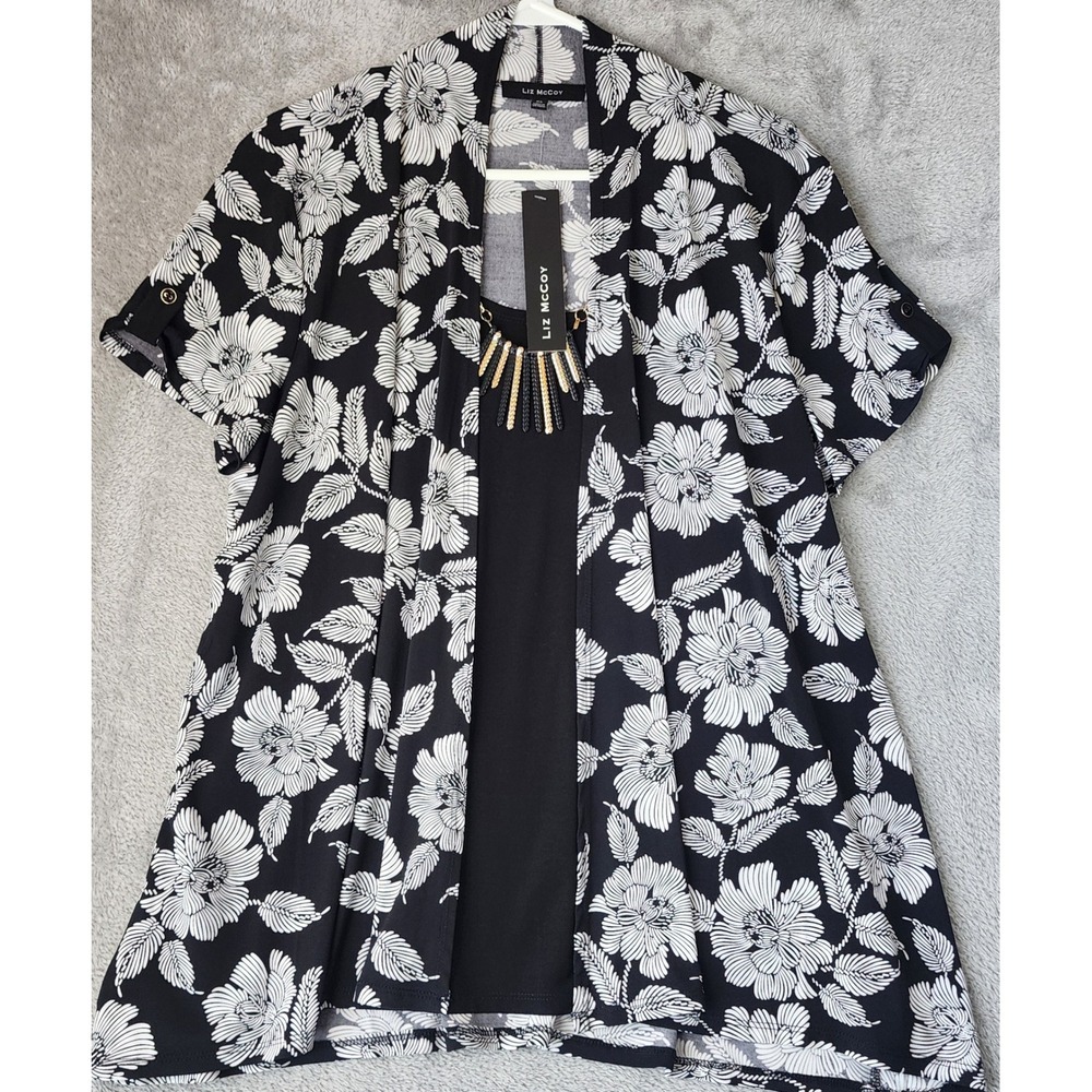 Liz McCoy Shirt Womens XL Black Floral Open Cardigan Beaded 2-Piece Top Set